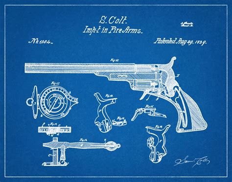 1839 colt revolver patent print invented by sam colt firearms wall decor poster western