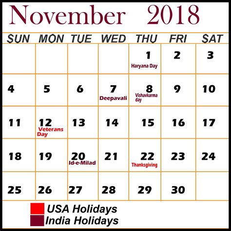 November 2018 Usa India Holidays November Calendar Holiday Calendar