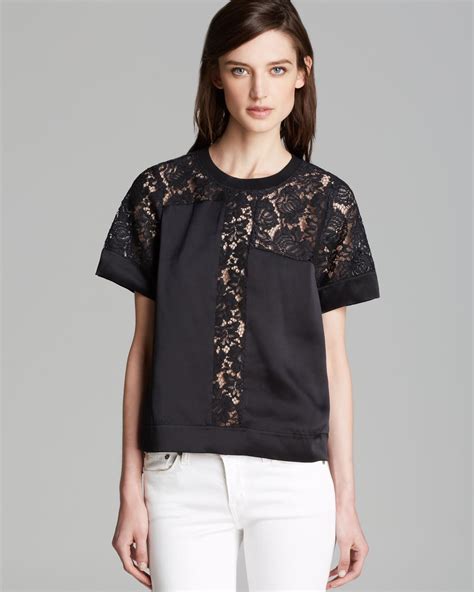 Rebecca Taylor Top Short Sleeve Lace Inset In Black Lyst