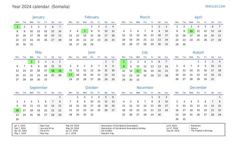 Calendar For 2024 With Holidays In Somalia Print And Download Calendar