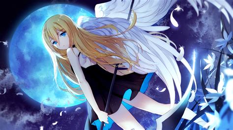 Anime Comic Art Anime Girls Angel Of Death Wings Blonde Blond Hair Blue Eyes Moon Flowers Scythe