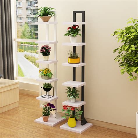 Yellow and red pots on the corners: Multilayer Flower Shelf Indoor Flower Pot Rack Solid Wood ...