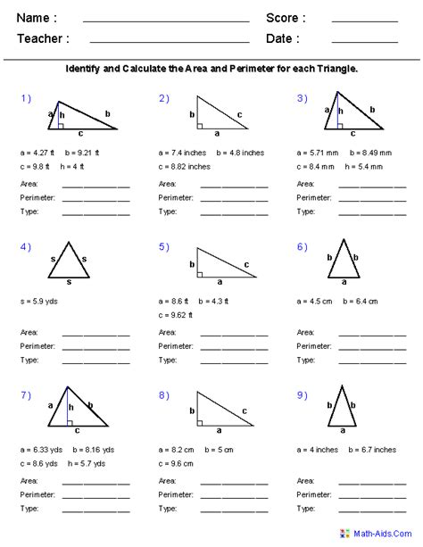 Area And Perimeter Of Triangles Worksheets Geometry Worksheets Area