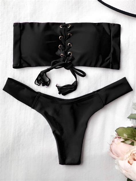 Off Lace Up Bandeau Bikini Set In Black Zaful