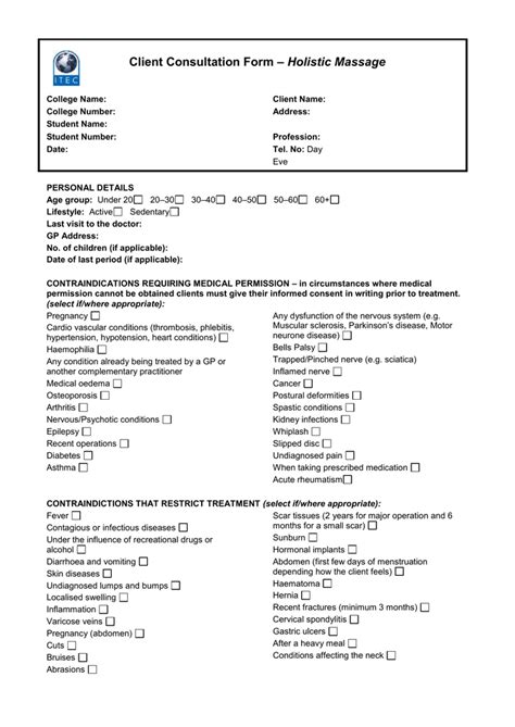 massage therapy consultation form printable