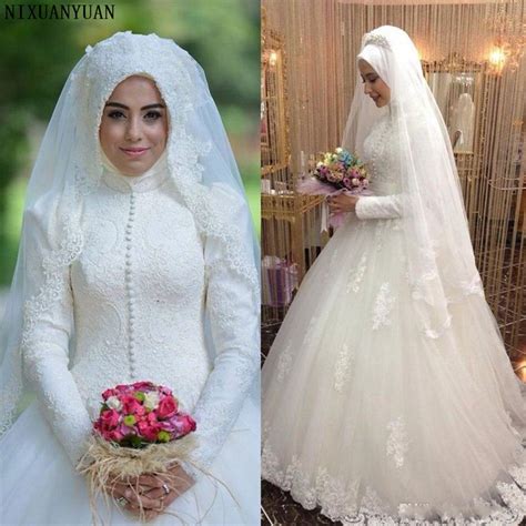 Arabic Bridal Gown Islamic Long Sleeve Muslim Wedding Dress Arab Ball Gown Lace Hijab Wedding