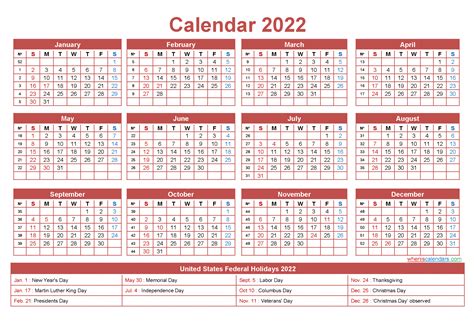 2022 One Page Calendar Printable