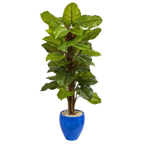 5 Large Leaf Philodendron Artificial Plant In Blue Planter Real Touch