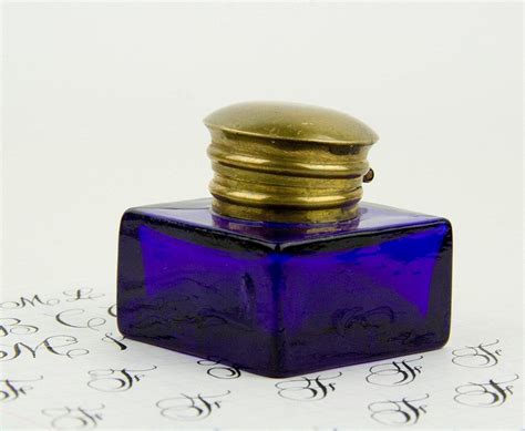 Cobalt Blue Glass Square Ink Bottle With Brass Lid