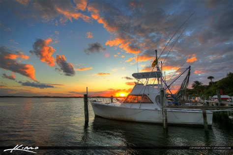 Ponce Inlet Marina Dock Fishing Boat During Sunset On Water