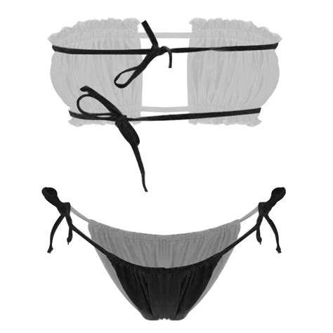 Women 2pcs Bandeau Ruffle Bikini Top With Tie Side Thong Bathing Suit