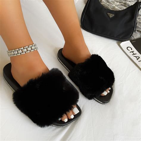 candyfloss black fluffy faux fur slippers simmi london