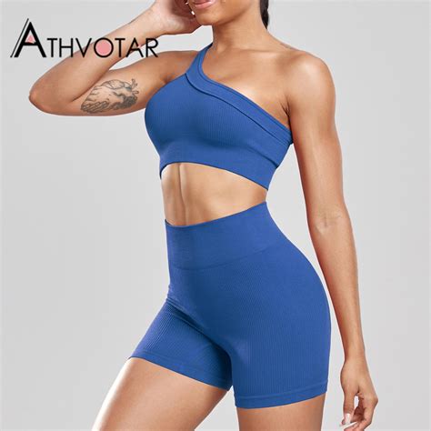 Athvotar Seamless Ribbed Women Fitness Piece Suit Sexy One Shoulder