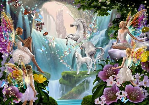Free Download Unicorn And Fairy Waterfall Mountains Painting