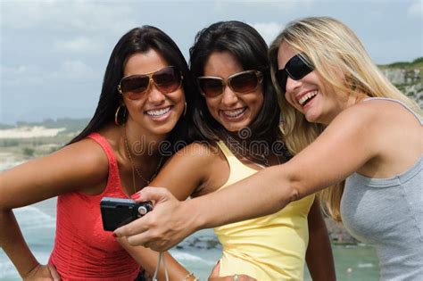 Three Beautiful Women Taking Selfie On The Beach Stock Image Image Of