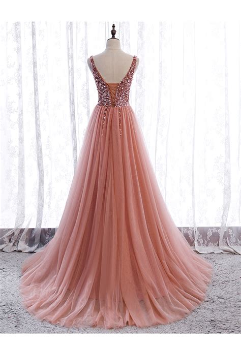 Pink Long Sparkle Beaded Tulle Slit Prom Dresspink V Neckline Evening