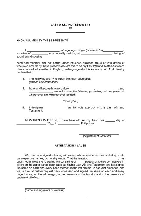 Printable Will And Testament Template