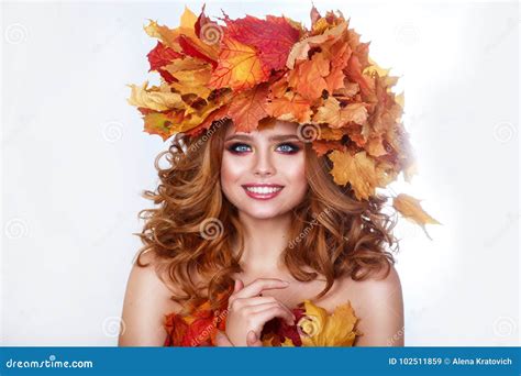 Beauty Model Girl With Autumn Bright Leaves Hairstyle Beautiful