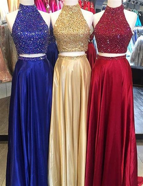 Halter Beaded Two Piece Prom Dresses Graduation Party Dresses Formal