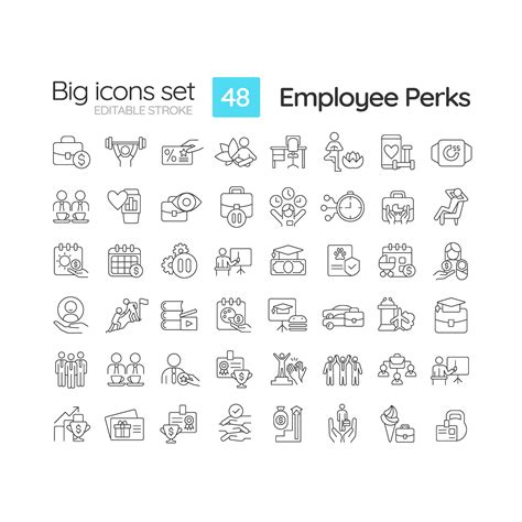 Employee perks linear icons set. Incentive program. Work environment