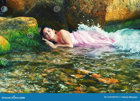 Young Woman In Water In Pink Dress Stock Photo Image Of Model Beauty