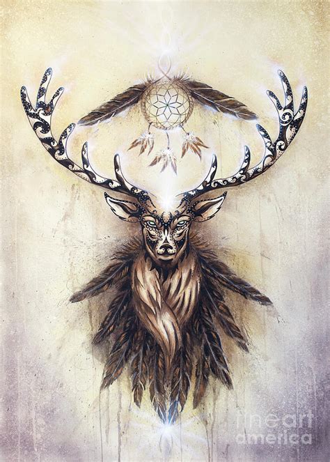 Sacred Ornamental Deer Spirit With Dream Catcher Symbol And Feathers