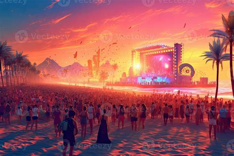 Edm Partys On Festival At The Beach Background Generative Ai