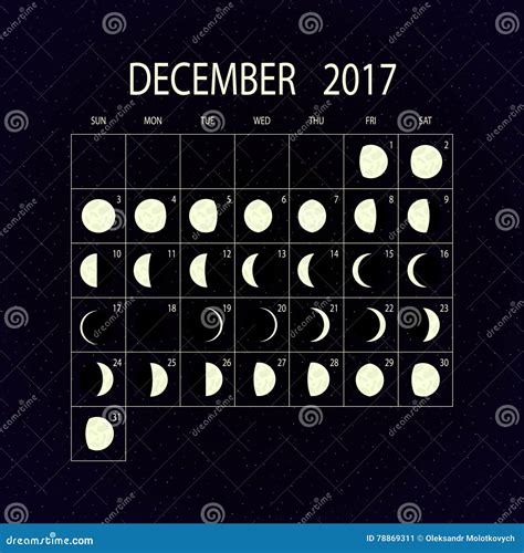 Moon Phases Calendar For 2017 December Vector Illustration Stock
