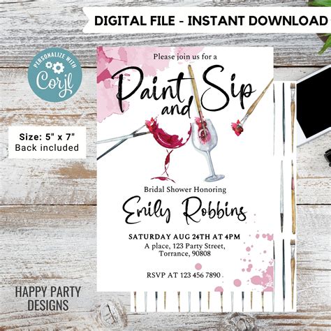 Paint And Sip Wine Invitation Bridal Shower Art Party Etsy