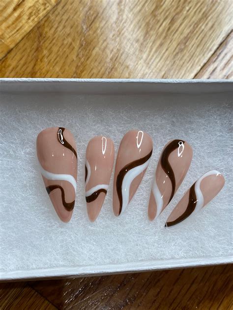Nude Abstract Nail Design White And Brown Lines Coffin Etsy