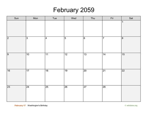 February 2059 Calendar With Weekend Shaded