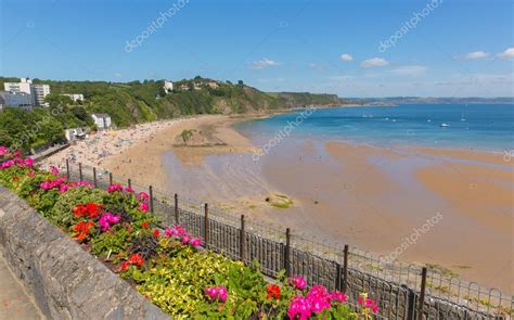 Tenby Beach Pembrokeshire Wales Uk In Summer With Colourful Flowers