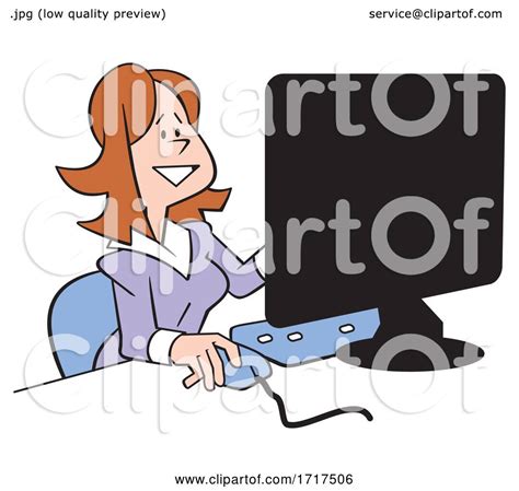 Cartoon Happy Business Woman Working At A Computer Desk By
