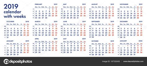 2019 Calendar Grid With Weeks Vector Illustration ⬇ Vector Image By