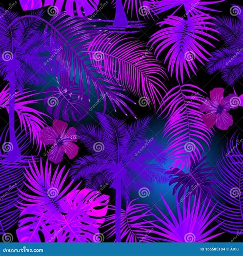 Tropical Jungle Neon Palm Leaves Seamless Pattern Vector Background