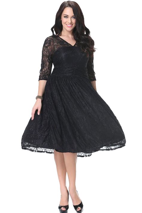 Unomatch Women Sheer Lace Sleeves V Neck Skater Plus Size Lace Dress