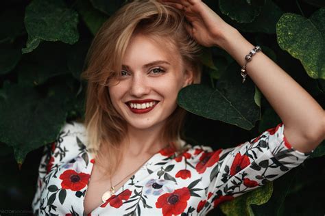 Katrin Enina Victor Sidorenko Women Model Blonde Touching Hair Looking At Viewer Smiling Red