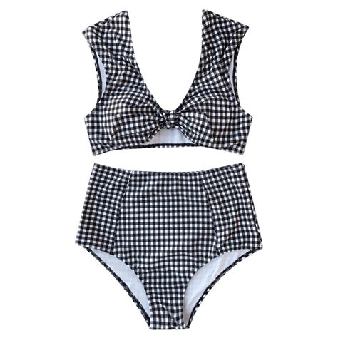 Buy 2018 Bikini New Checked High Waisted Tie Front