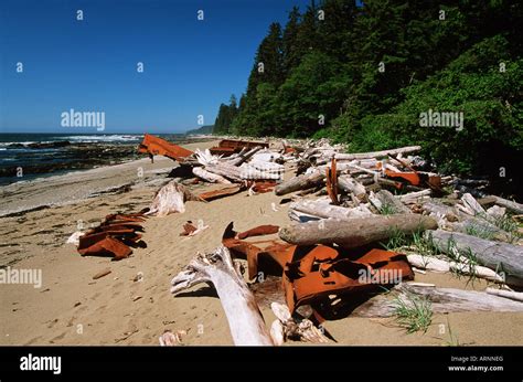 West Coast Trail Rusted Ship Wreck Debris On Beach British Columbia
