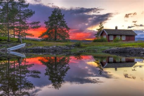 Ringerike Norway Lake Sunset House Reflection Boat Tree Hd