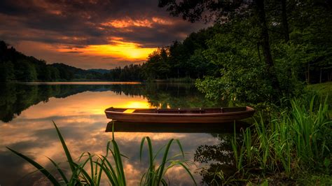 River Sunset Trees Red Sky Boat Bushes Wallpaper Nature And