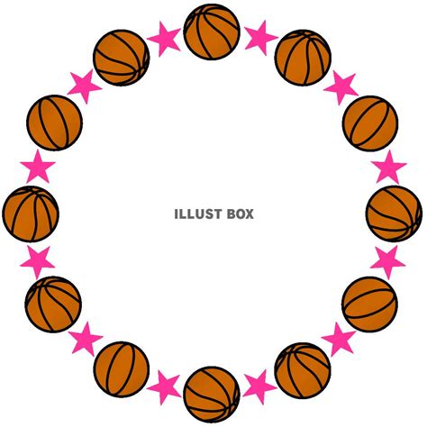 無料イラスト バスケットボールと星の丸形（円形）フレームピンク
