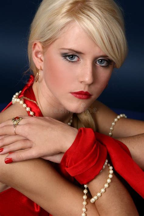 Blonde In A Red Dress With Rose In Hand Stock Photo Image Of Female