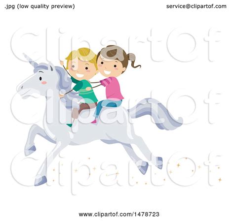 Clipart Of A Boy And Girl Riding A White Unicorn Royalty