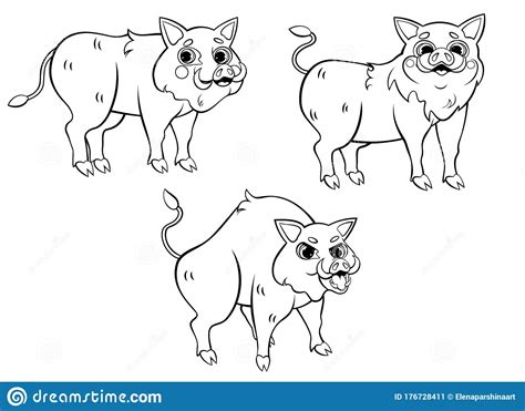 Cute Cartoon Wild Boars Vector Coloring Page Outline Hogs In Different