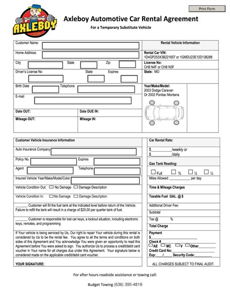 Axleboy Automotive Car Rental Agreement Fill And Sign Printable