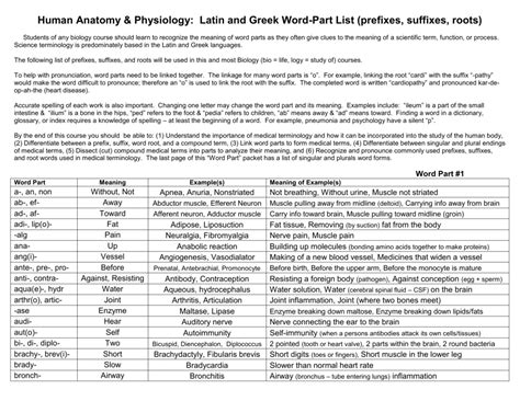 Anatomy And Physiology Root Words Prefixes Suffixes Anatomical Charts