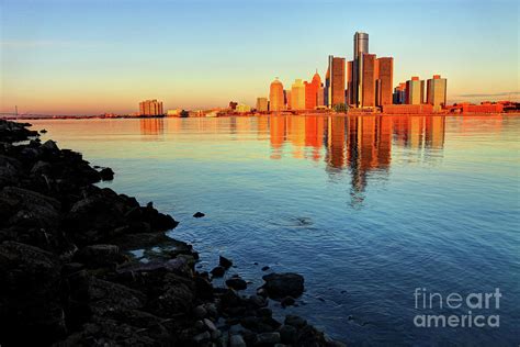 Detroit Michigan Skyline Reflecting On The Detroit River Photograph By