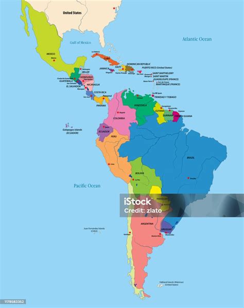Vector Highly Detailed Political Map Of Latin America Stock