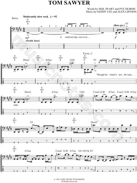 Rush e but played by a real person39 jam sessions · chords Rush "Tom Sawyer" Bass Tab in E Major - Download & Print - SKU: MN0059690